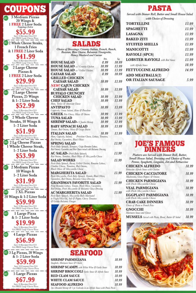 Joes famous hoagies steaks pizza in Atlantic City New Jersey Dinner Menu