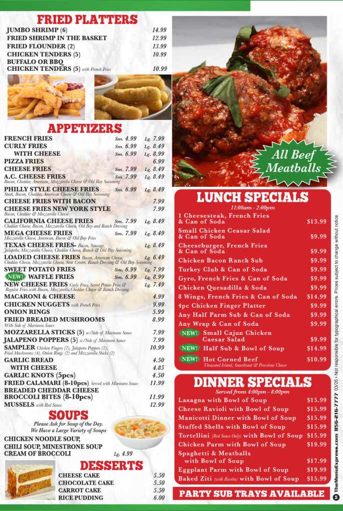 Joes famous hoagies steaks pizza in Atlantic City New Jersey Lunch Specials Menu