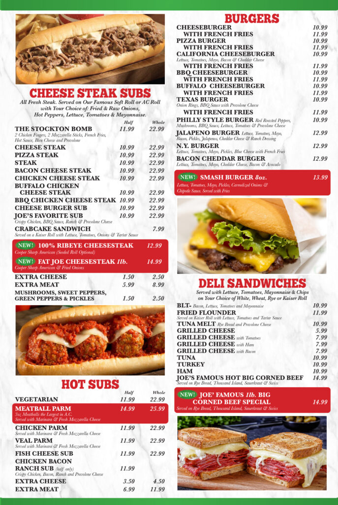 Joes famous hoagies steaks pizza in Atlantic City New Jersey Cheesesteaks Near Me Menu